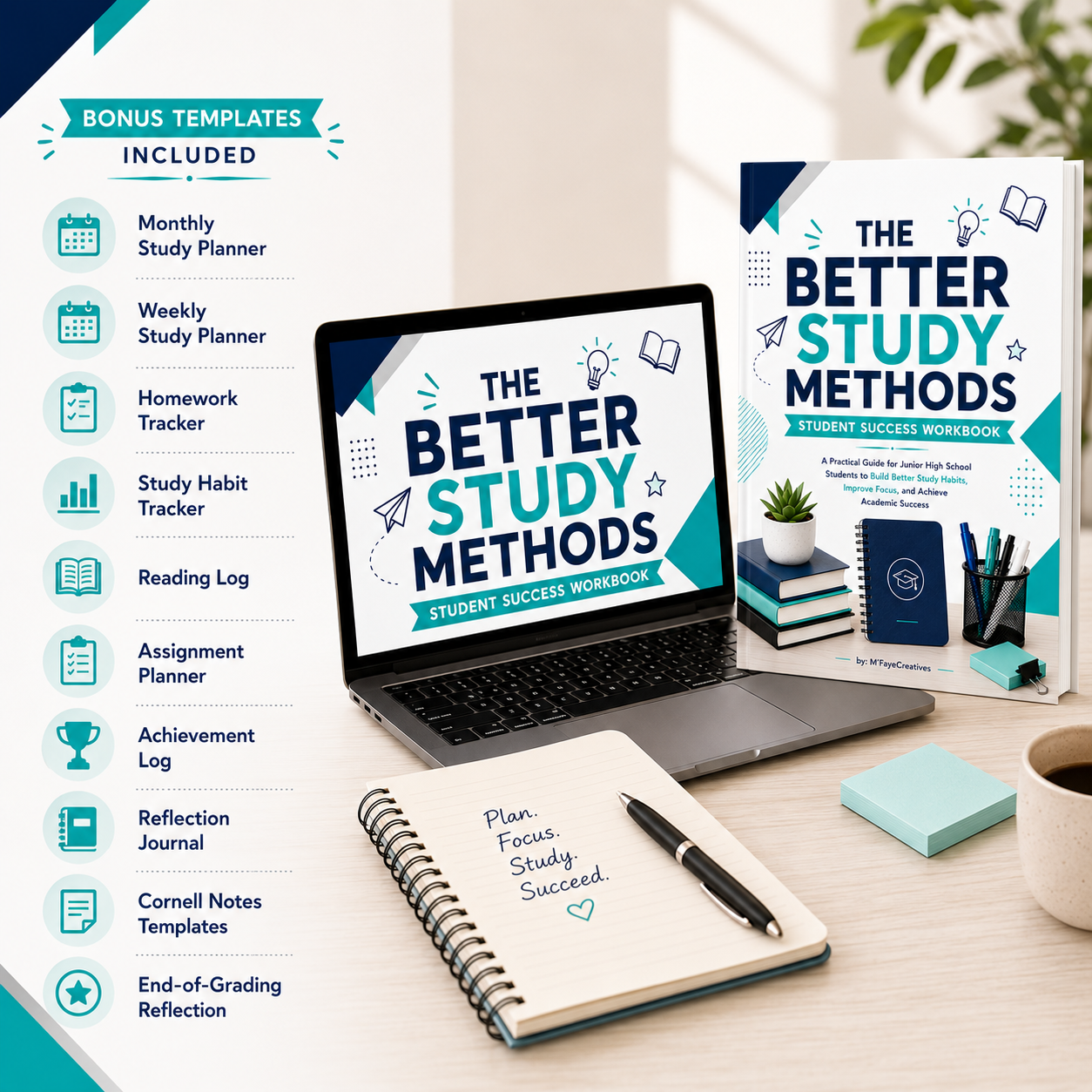 The Better Study Method Student Success Workbook shown on a clean study desk with a laptop, notebook and the list of bonus templates included